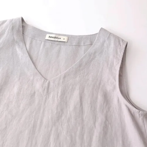 Vista 4 de Amazhiyu Blusa larga sin mangas de lino con cuello en V para mujer, estilo casual, para verano