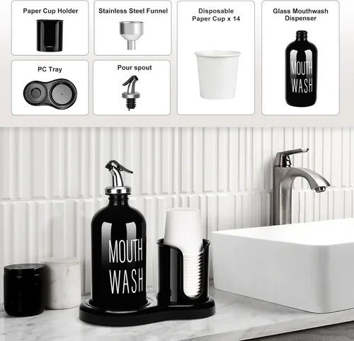 Vista 5 de Dispensador de Enjuague Bucal de Vidrio con Portavasos, BYAWAY Juego de Enjuague Bucal para Baño, Contenedor de Botella de Enjuague Bucal Recargable