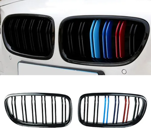Vista 7 de Rejilla frontal de riñón compatible con BMW X5 E70 2007-2013 X6 E71 2008-2014, rejilla ABS de doble ranura en negro brillante, 2 piezas
