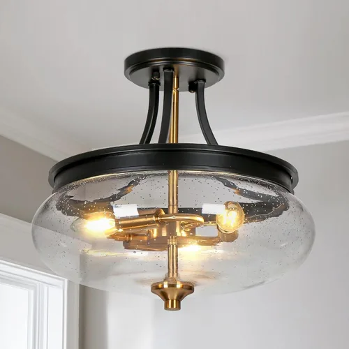Vista 7 de classy leaves Lámpara de techo semiempotrada, color negro y dorado, lámpara de techo de 3 luces moderna de granja con vidrio sembrado para cocina