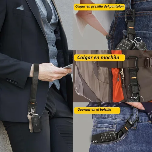 Vista 7 de DELSWIN Llavero de pulsera para llaves, correa de muñeca resistente con mosquetón y llavero, llavero negro