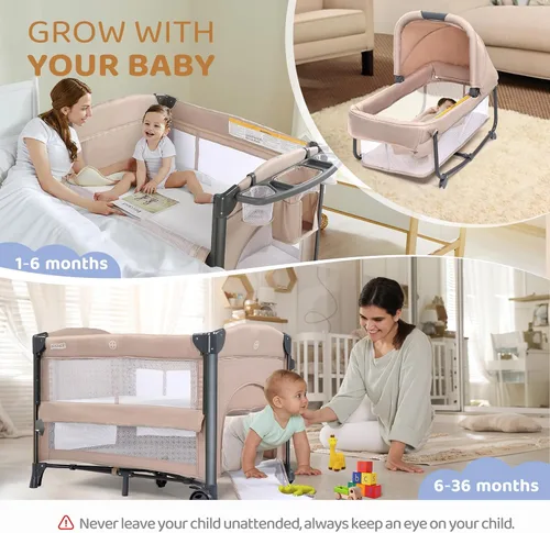 Vista 7 de JOYMOR Moisés doble para bebé, moisés de cabecera beige, convertible a moisés de cabecera y corralito, con ruedas, freno, moisés lateral plegable