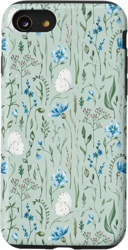 Vista 13 de Funda para iPhone 12 mini Azul y Verde Wildflower Butterfly Meadow Botanical (Sage)
