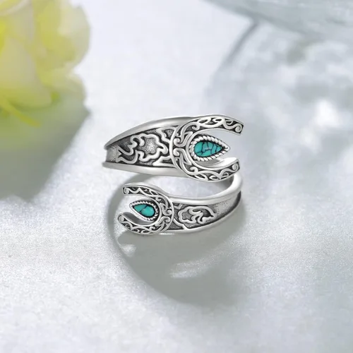 Vista 2 de Anillo de turquesa 925 de plata de ley y turquesa para pulgar, joyería occidental para mujer