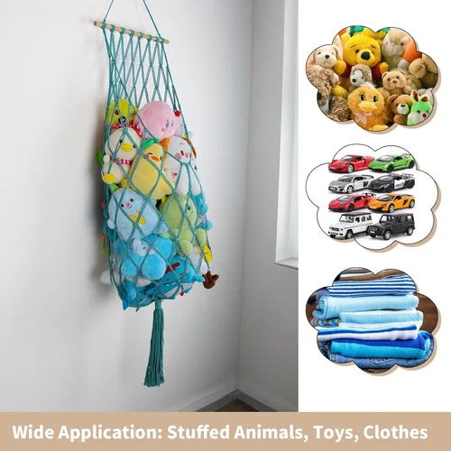 Vista 7 de Almacenamiento de Animales de Peluche de 68 Pulgadas, Hamaca Jumbo de Macramé para Animales de Peluche en Esquina, Hamaca Colgante de Pared y Techo