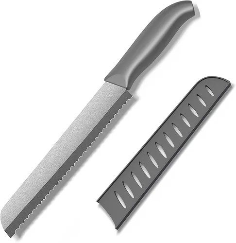 Vista 5 de Cuchillo de pan serrado de cerámica, cuchillo de cocina de hoja afilada de 6 pulgadas con cubierta