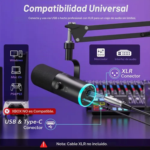 Vista 7 de TONOR Micrófono dinámico para juegos, transmisión de micrófono XLR/USB, cancelación de ruido AI, RGB controlable, Tap Mute, conector