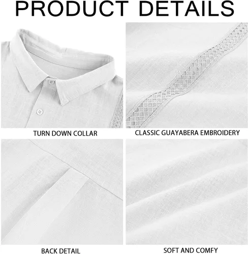 Vista 5 de Camisa de lino y algodón para hombre, con botones, manga corta, casual, para playa, guayabera cubana, campamentos, Blanco