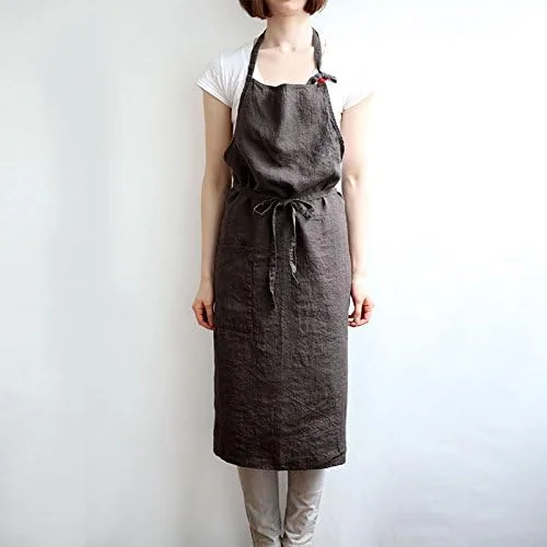 Vista 5 de Delantal de lino de 4 colores, unisex ajustable fácil cuidado casa simple largo delantal negro
