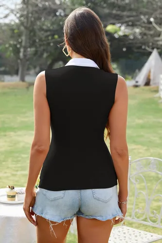 Vista 6 de Nasperee Polo elástico de manga corta, sin mangas, cuello en V, con botones, con cierre y solapa, para mujer