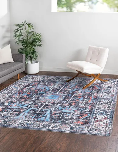 Vista 8 de Unique Loom Mangata Collection - Alfombra de área Mahtaab (Runner 2' 0" x 5' 0", negro/azul)