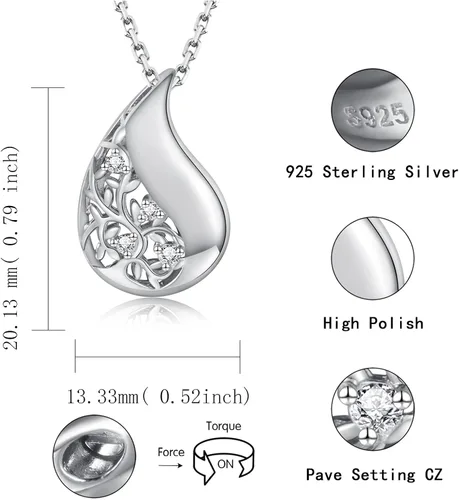 Vista 7 de Collar de urna de lágrima de plata de ley 925 para cenizas, árbol genealógico, recuerdo, cremación, joyería conmemorativa para mujeres, Plata