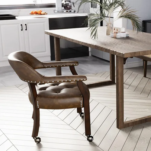 Vista 18 de Silla de comedor con ruedas y brazos, sillas de póker de PU, gris antiguo