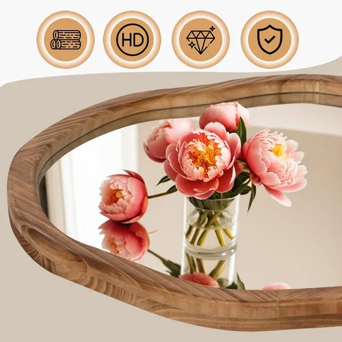 Vista 5 de ULIKE Espejo redondo de madera, espejo de pared circular irregular de 24 pulgadas con marco de madera, soporte de pared decorativo rústico