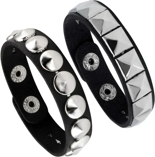 Vista 12 de Pulsera de cuero para hombre y mujer, pulsera punk, pulsera de rock, trenzada, con remaches, pulsera ajustable