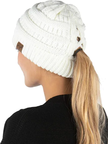Vista 24 de Funky Junque - Gorro de coleta para mujer – Gorro de invierno con cola de caballo cruzada para mujer, cálidos y lindos gorros de punto con cola
