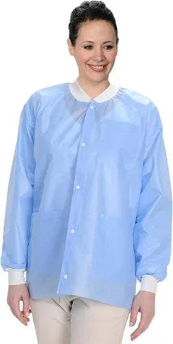Vista 43 de Paquete de 10 chaquetas desechables de laboratorio, chaqueta médica reutilizable hasta la cadera, unisex, con puños de punto y bolsillos