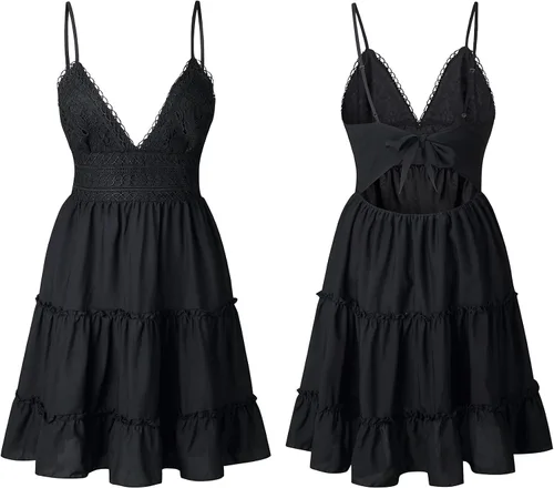Vista 5 de ECOWISH Vestido corto sin mangas para mujer, diseño al vuelo estilo patinadora, escote en V, tirantes delgados, encaje y lazo de atar, espalda