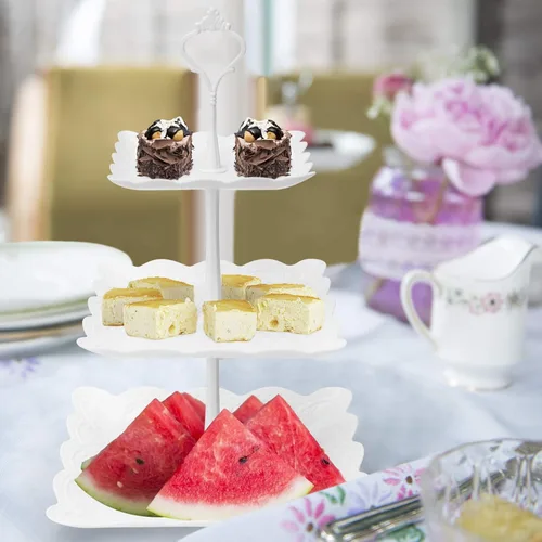 Vista 7 de Coitak Soporte para cupcakes de 3 niveles, soporte de plástico escalonado, bandeja cuadrada para postres para fiestas de té, cumpleaños y bodas