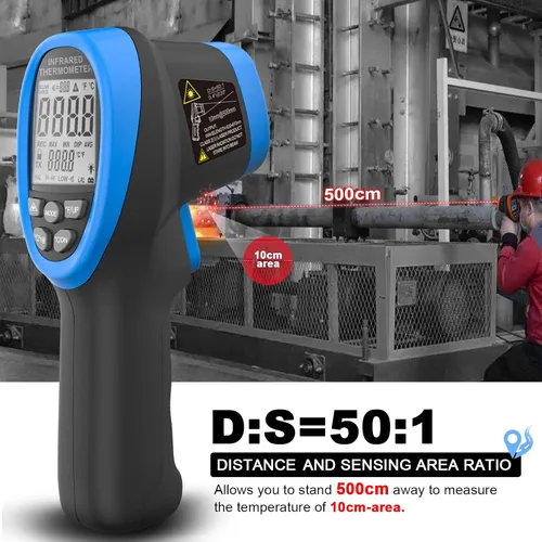 Vista 5 de AIOMEST Pirómetro digital AI-1800 DS 50:1, pistola termómetro infrarroja sin contacto para medición de alta temperatura sin contacto -58 ~ 3,272 ℉
