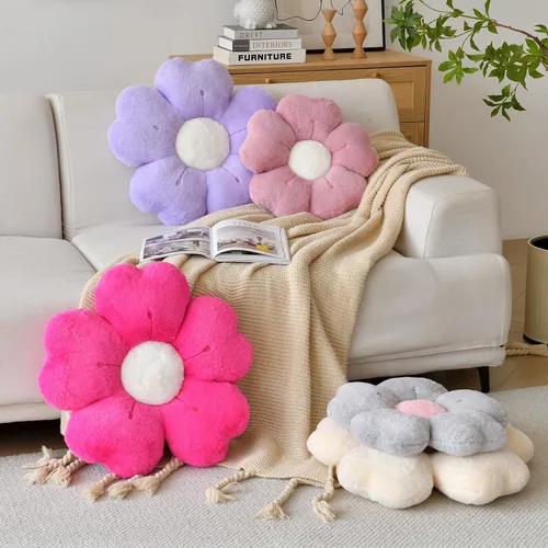 Vista 4 de Almohada en forma de flor, lindas almohadas decorativas con suave pelaje de conejo para sofá, cama, silla y suelo, almohadas de Navidad, cojines
