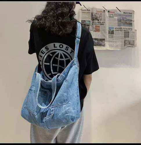 Vista 6 de Bolso bandolera de lona de mezclilla para mujeres y hombres, bolso de mano casual retro estético, bolso cruzado Hobo