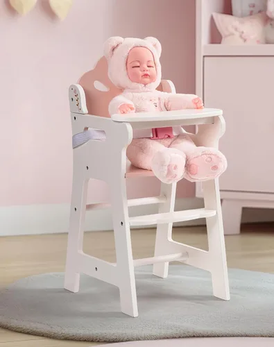Vista 10 de ROBUD Silla alta de muñeca de bebé, silla alta de juego de simulación con cinturón de seguridad, accesorios de muñeca de madera rosa con mesa móvil