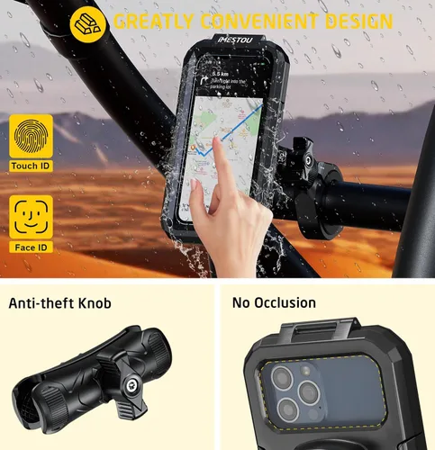 Vista 3 de iMESTOU Soporte de teléfono impermeable para ATV con diseño antirrobo y rotación de 360°, base de bola de 1 pulgada, se adapta a ATV UTV de 1.5