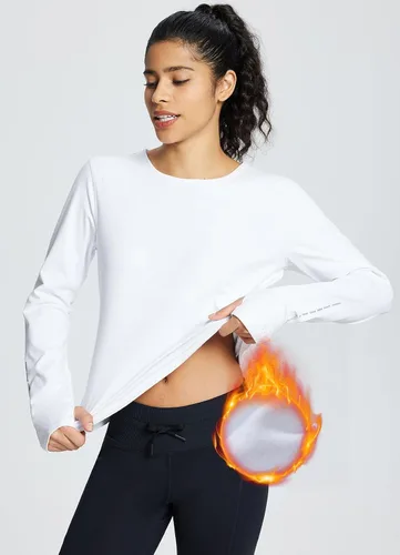 Vista 7 de BALEAF Camisas térmicas de manga larga para mujer, ropa de invierno, cuello redondo, cálido, forro polar, capa base con pasamontañas y agujeros