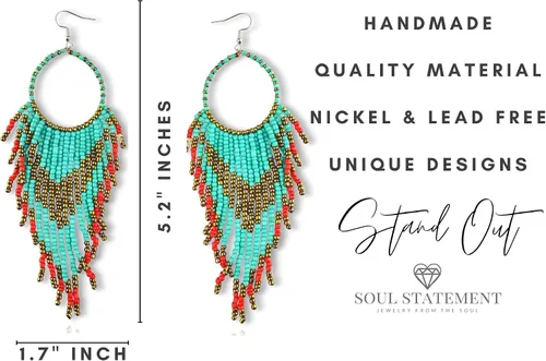 Vista 8 de Western Earring Bundle for Women Boho Turquoise Patina Tassels & Handmade Colorful Bead Dangles for Concerts & Festivals