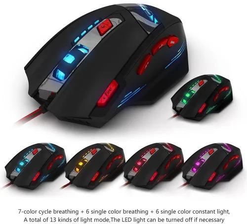 Vista 2 de Zelotes T90 Professional 9200 DPI - Ratón para juegos con cable USB de alta precisión, 8 botones, con 7 tipos de modos de luz LED de respiración