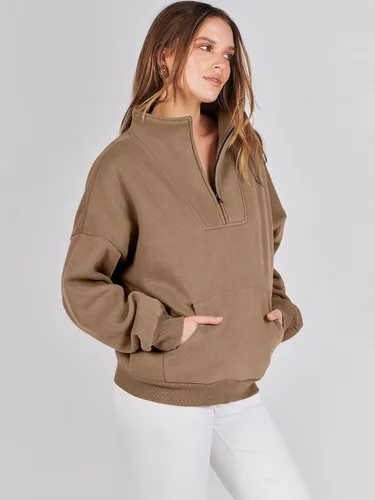 Vista 6 de ANRABESS Sudaderas de manga larga para mujer, forro polar de gran tamaño, media cremallera, sudaderas con capucha para adolescentes y niñas, suéter