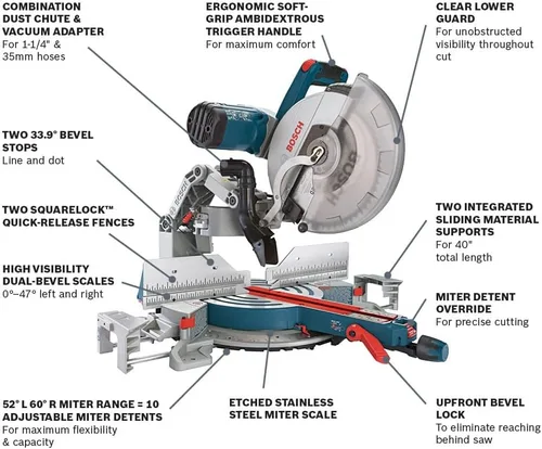 Vista 2 de Bosch Power Tools - Sierra de inglete deslizante con doble bisel, cable de 12 pulgadas y hoja de sierra con 60 dientes, 15 amperios, GCM12SD