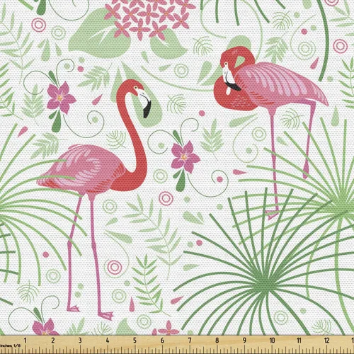 Vista 15 de Lunarable Tela tropical de The Yard, composición de dibujos animados de cocos, plátanos y flores, tela decorativa para tapicería y detalles