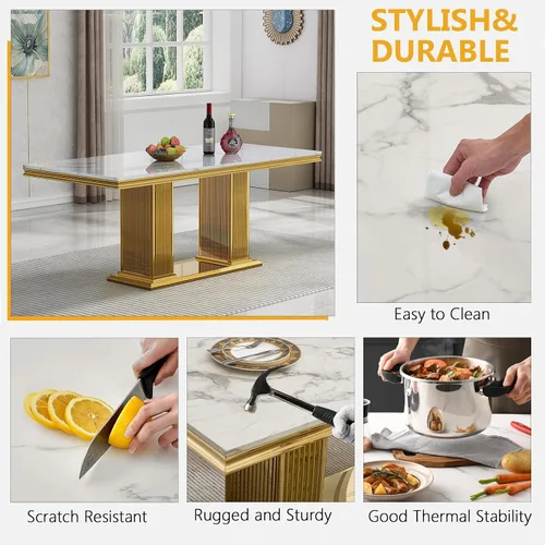 Vista 5 de Mesa de comedor de mármol blanco de 70 pulgadas para 4 a 6, moderna mesa de cocina rectangular de mármol sintético con base de doble columna