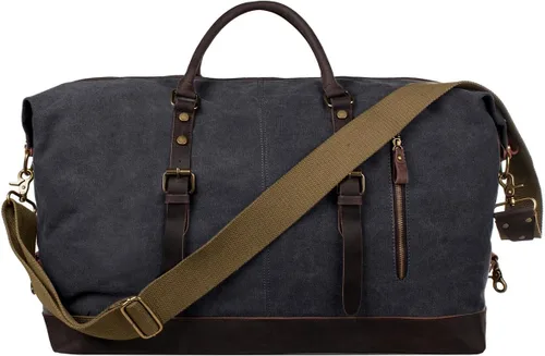 Vista 25 de S-ZONE - Bolsa de viaje de lona sobredimensionada con adornos de cuero genuino, bolsa deportiva de hombro de fin de semana, bolso de fin de semana