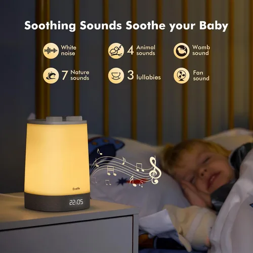 Vista 2 de Máquina de sonido para bebé, luz nocturna para niños, reloj despertador, máquina de ruido blanco para dormir, reloj de despertador para niños