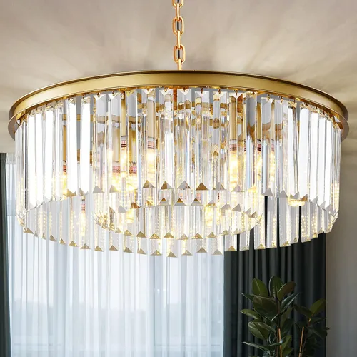 Vista 13 de Candelabro rectangular dorado de 40 pulgadas, 10 luces, iluminación colgante de cristal de lujo para comedor, isla de cocina y bar, altura