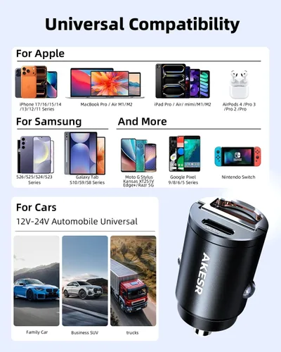 Vista 9 de AKESR Cargador de coche USB C de 65 W de carga rápida, accesorios de salida USB de 12 V para Carro, adaptador compacto para encendedor
