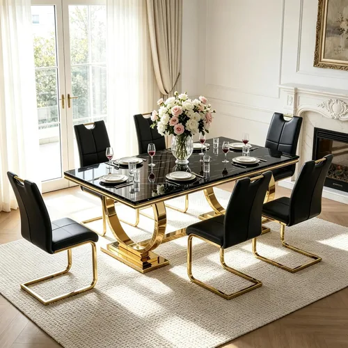 Vista 25 de Juego de mesa de comedor de mármol para 4, mesa de cocina rectangular de mármol blanco de 70 pulgadas con base en O de acero inoxidable dorado
