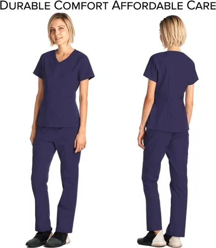 Vista 2 de Dagacci Medical Uniform Conjunto de uniforme médico para mujeres con blusa de cuello en Y elástica y suave y pantalones