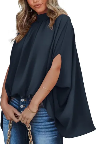Vista 126 de BTFBM Blusas de verano para mujer, cuello alto falso, manga murciélago, holgadas, dobladillo alto y bajo, blusas informales de gran