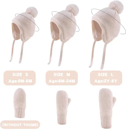 Vista 6 de JANGANNSA Básico invierno bebé niños Beanie guantes de punto niñas sombrero con pompón orejeras forro polar cálido niños sombreros mitones