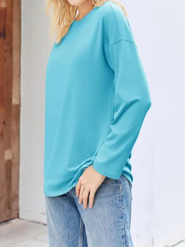 Vista 86 de Fisoew Camisetas de manga larga para mujer, holgadas, casuales, con cuello redondo, blusa suave