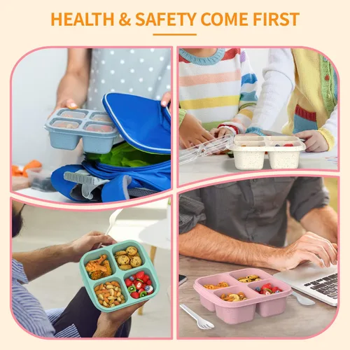 Vista 7 de Cajas Bento para Aperitivos (Paquete de 4) - Contenedores Reutilizables de 4 Compartimentos para Preparación de Comida para Niños y Adultos