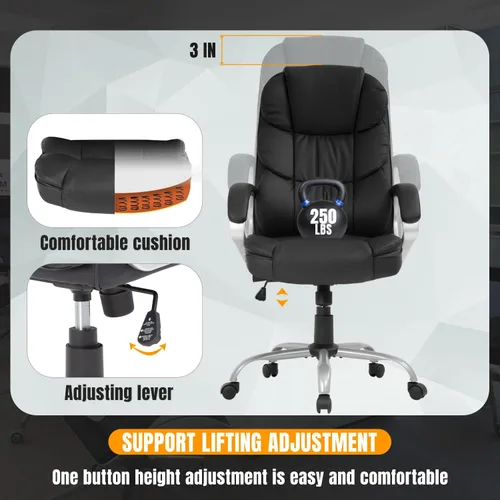 Vista 9 de Silla de oficina ergonómica con respaldo alto de cuero para oficina y escritorio de computadora O10, Negro