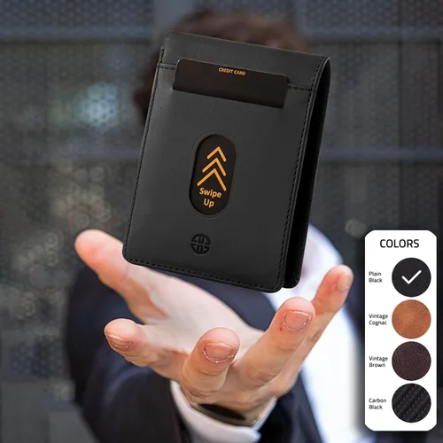 Vista 5 de TRUSADOR Trento - Cartera delgada de piel con diseño minimalista y plegable con bloqueo RFID y caja de regalo, Negro -, Con bolsillo para monedas