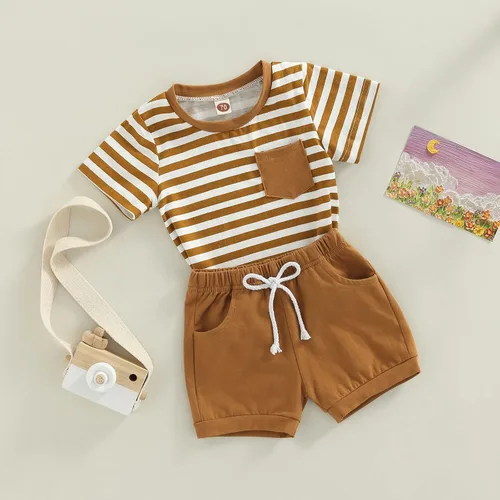 Vista 66 de Conjunto de ropa casual de manga corta con botones y pantalones cortos de lino para bebés y niños pequeños