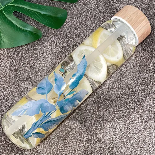 Vista 3 de Botella de agua de vidrio de 32 onzas con popote, botella de vidrio de borosilicato de boca ancha con tapa de bambú y funda de neopreno