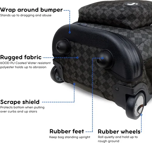Vista 4 de J World Sundance Mochila Rodante para Laptop para Niñas y Niños. Mochila Escolar con Ruedas, Rombos negro, 20 pulgadas